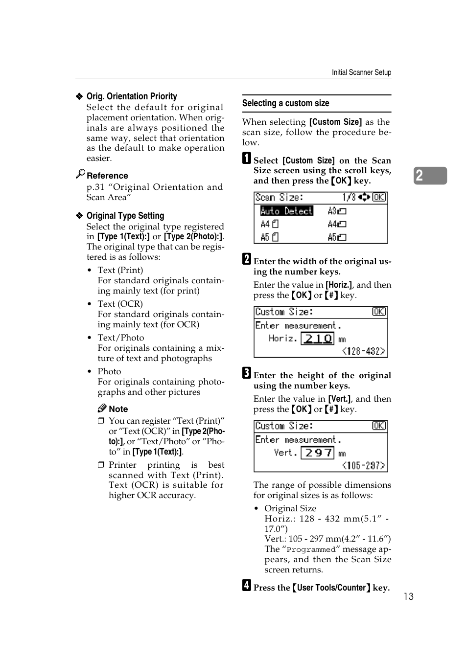 Selecting a custom size, Ee p.13 “selecting a, Custom size | Ricoh Aficio 2018D User Manual | Page 229 / 814