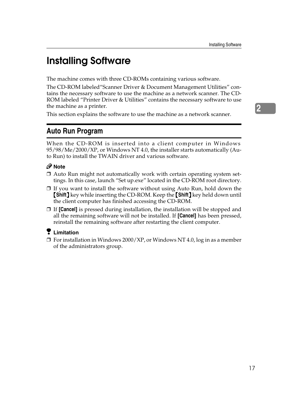 Installing software, Auto run program, 2installing software | Ricoh Aficio 2018D User Manual | Page 233 / 814