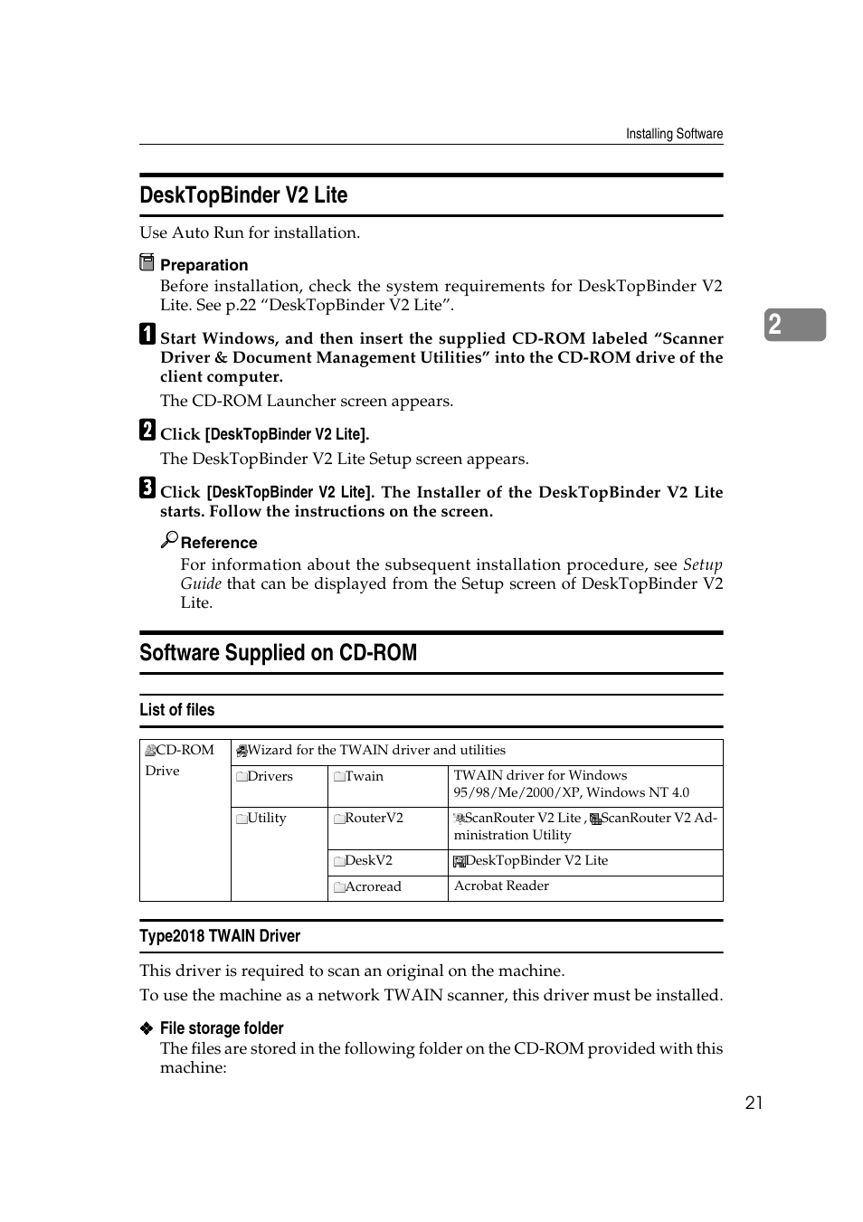 Desktopbinder v2 lite, Software supplied on cd-rom, List of files | Type2018 twain driver, Desktopbinder v2 lite software supplied on cd-rom | Ricoh Aficio 2018D User Manual | Page 237 / 814