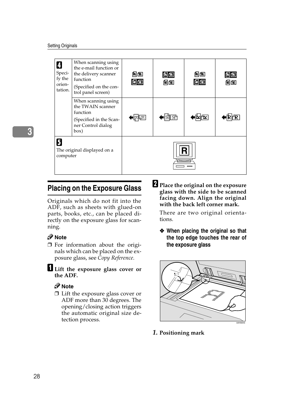 Placing on the exposure glass | Ricoh Aficio 2018D User Manual | Page 244 / 814