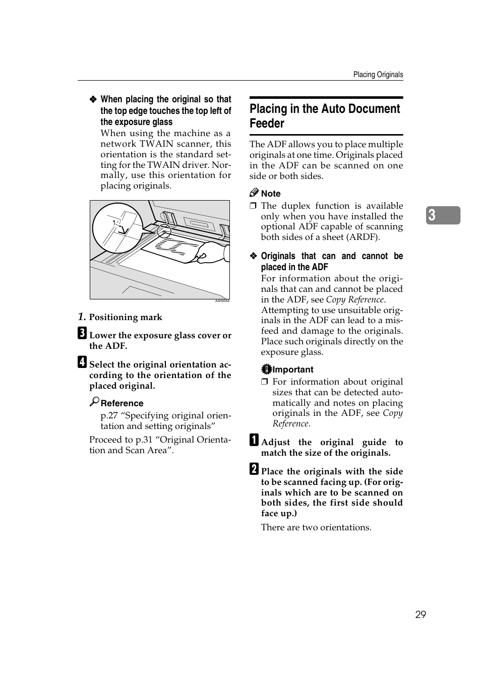 Placing in the auto document feeder | Ricoh Aficio 2018D User Manual | Page 245 / 814