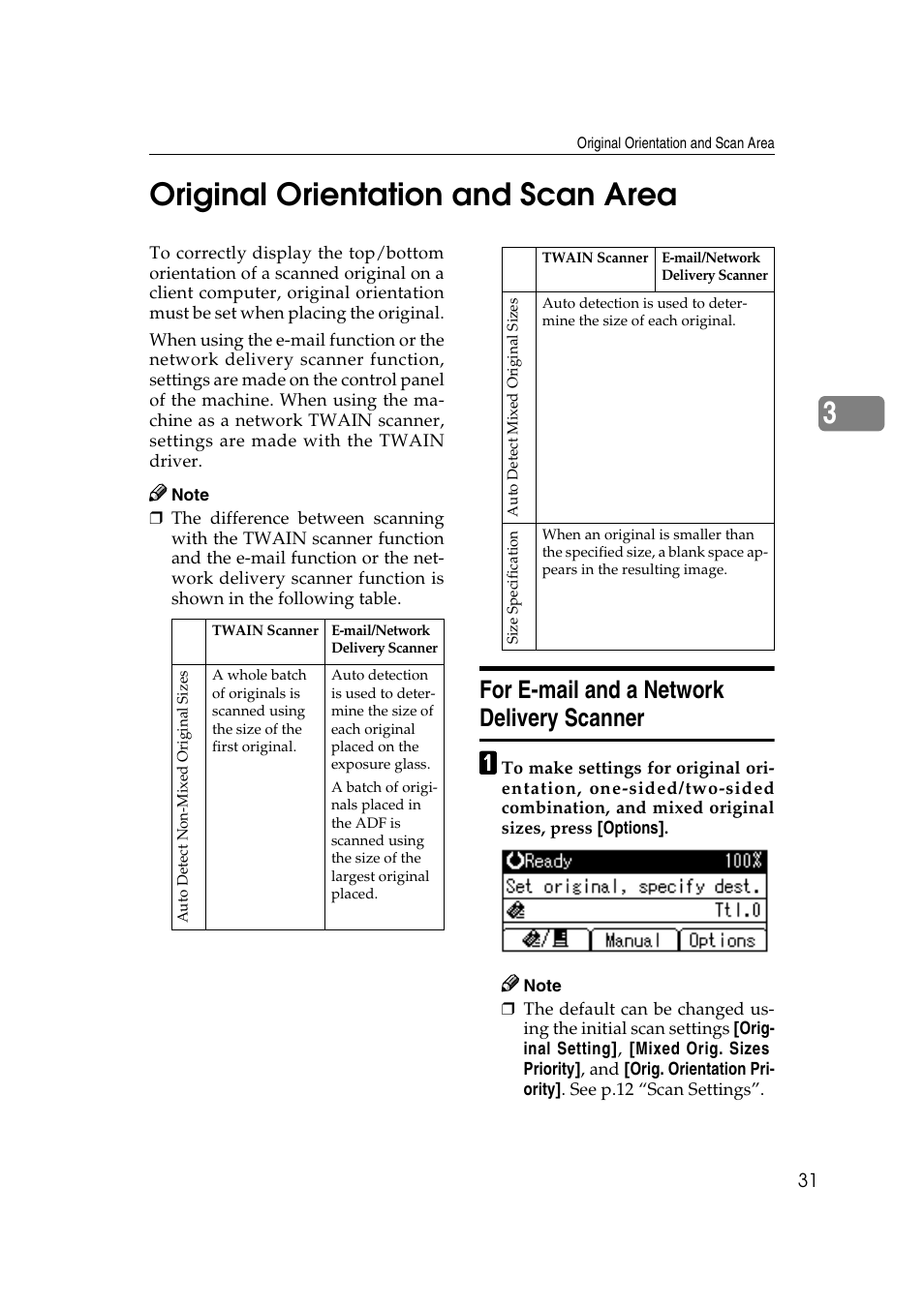 Original orientation and scan area, For e-mail and a network delivery scanner, P.31 “original orientation and scan area | 3original orientation and scan area | Ricoh Aficio 2018D User Manual | Page 247 / 814