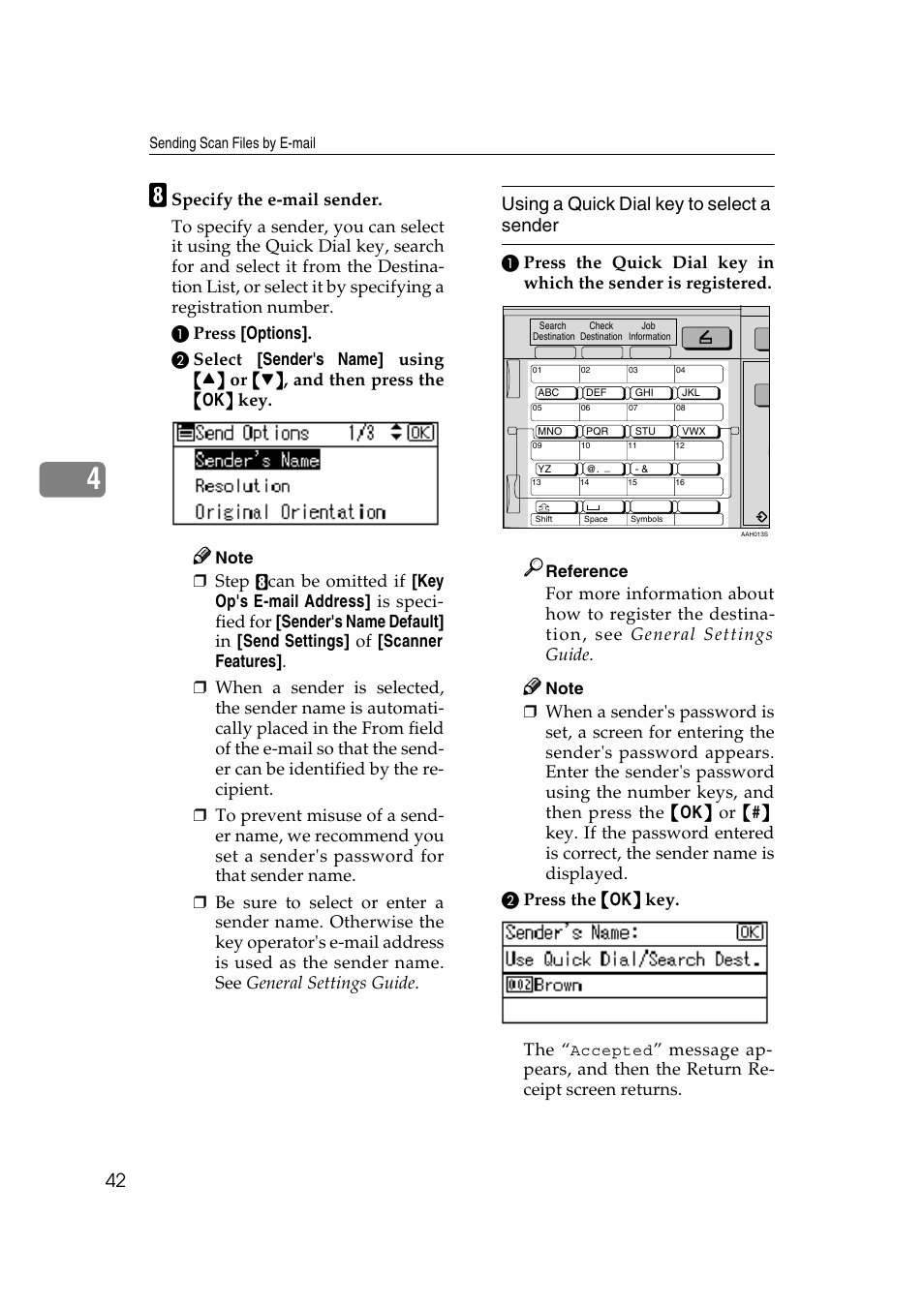 Using a quick dial key to select a sender, Step, Reference | Ricoh Aficio 2018D User Manual | Page 258 / 814