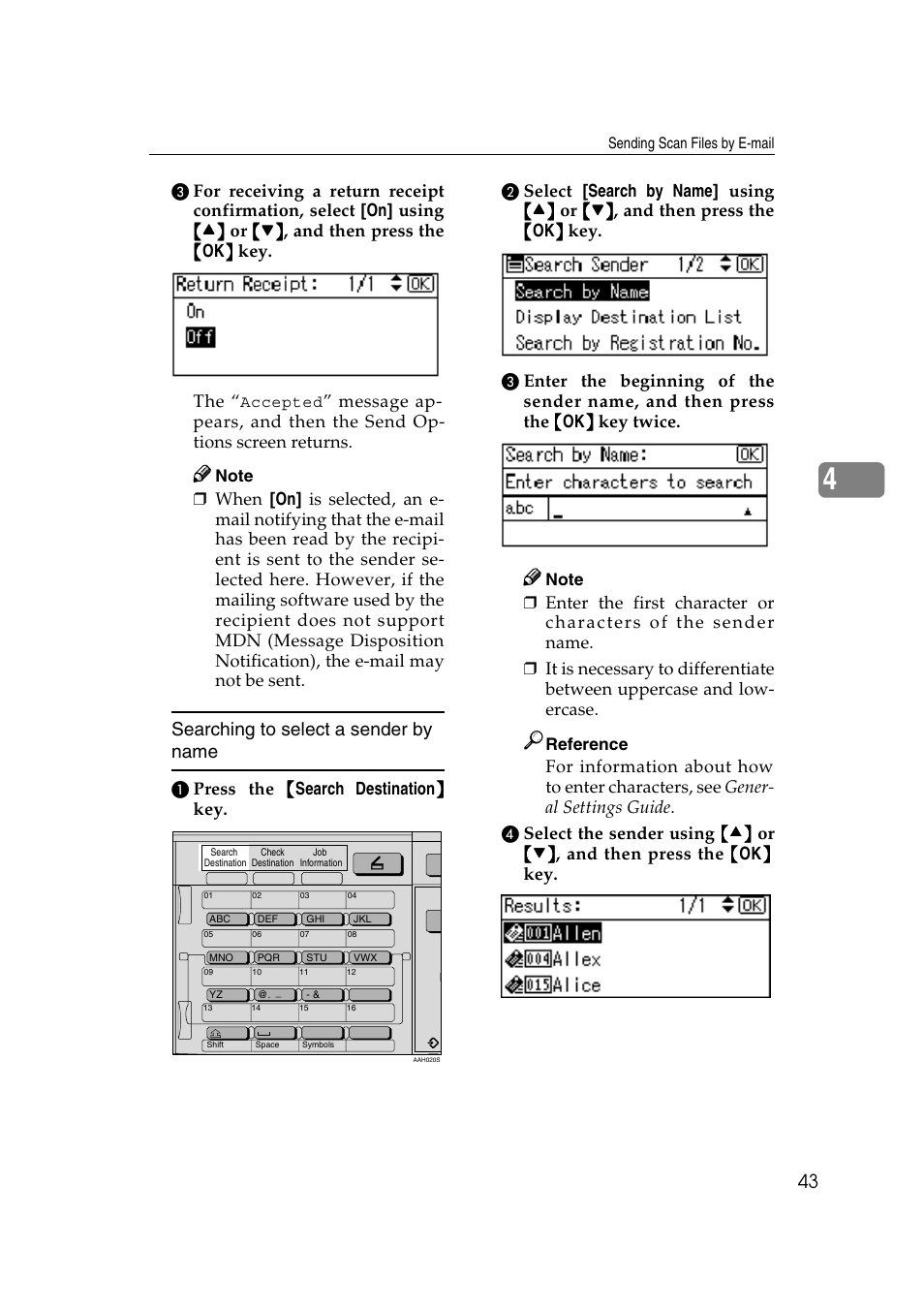 Searching to select a sender by name, Reference | Ricoh Aficio 2018D User Manual | Page 259 / 814