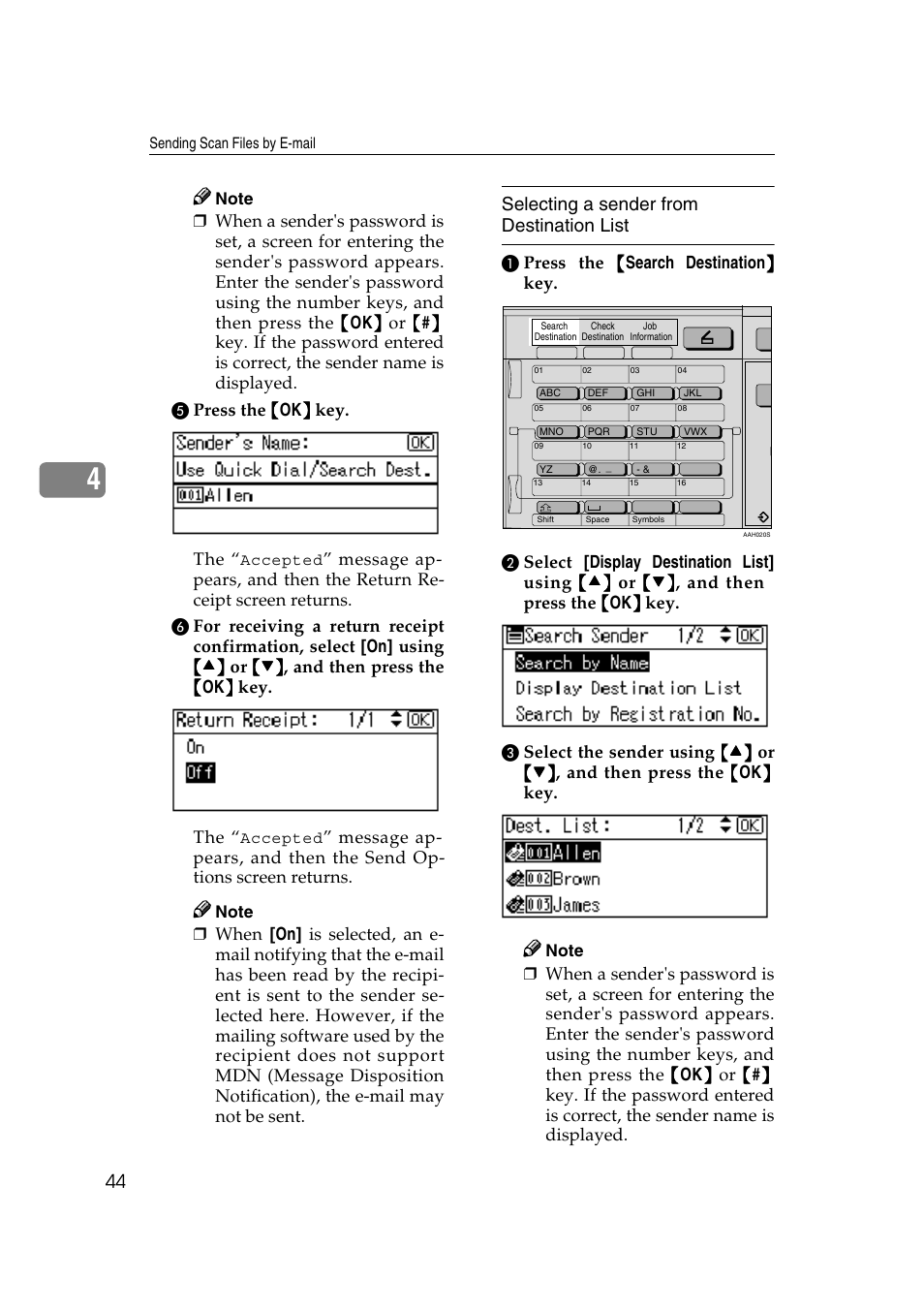 Selecting a sender from destination list | Ricoh Aficio 2018D User Manual | Page 260 / 814