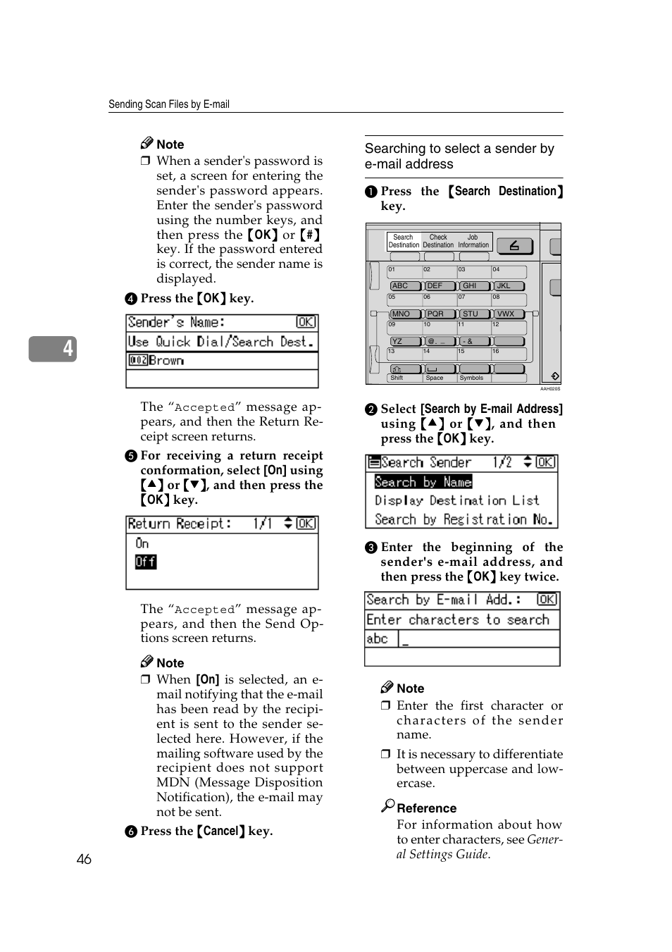 Searching to select a sender by e-mail address, Reference | Ricoh Aficio 2018D User Manual | Page 262 / 814