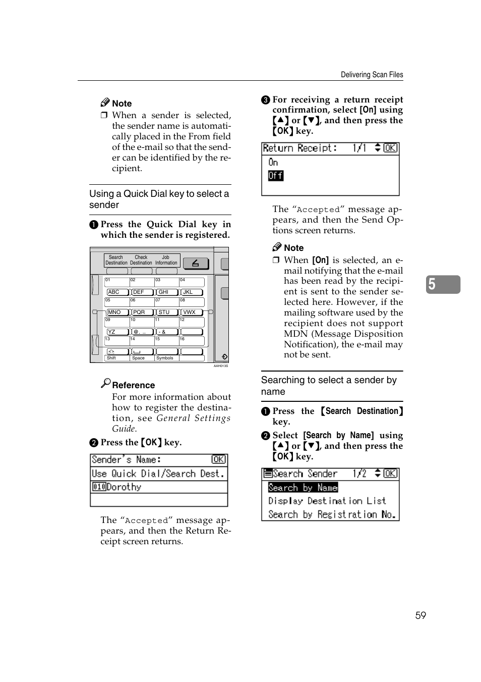 Using a quick dial key to select a sender, Searching to select a sender by name, Reference | Ricoh Aficio 2018D User Manual | Page 275 / 814