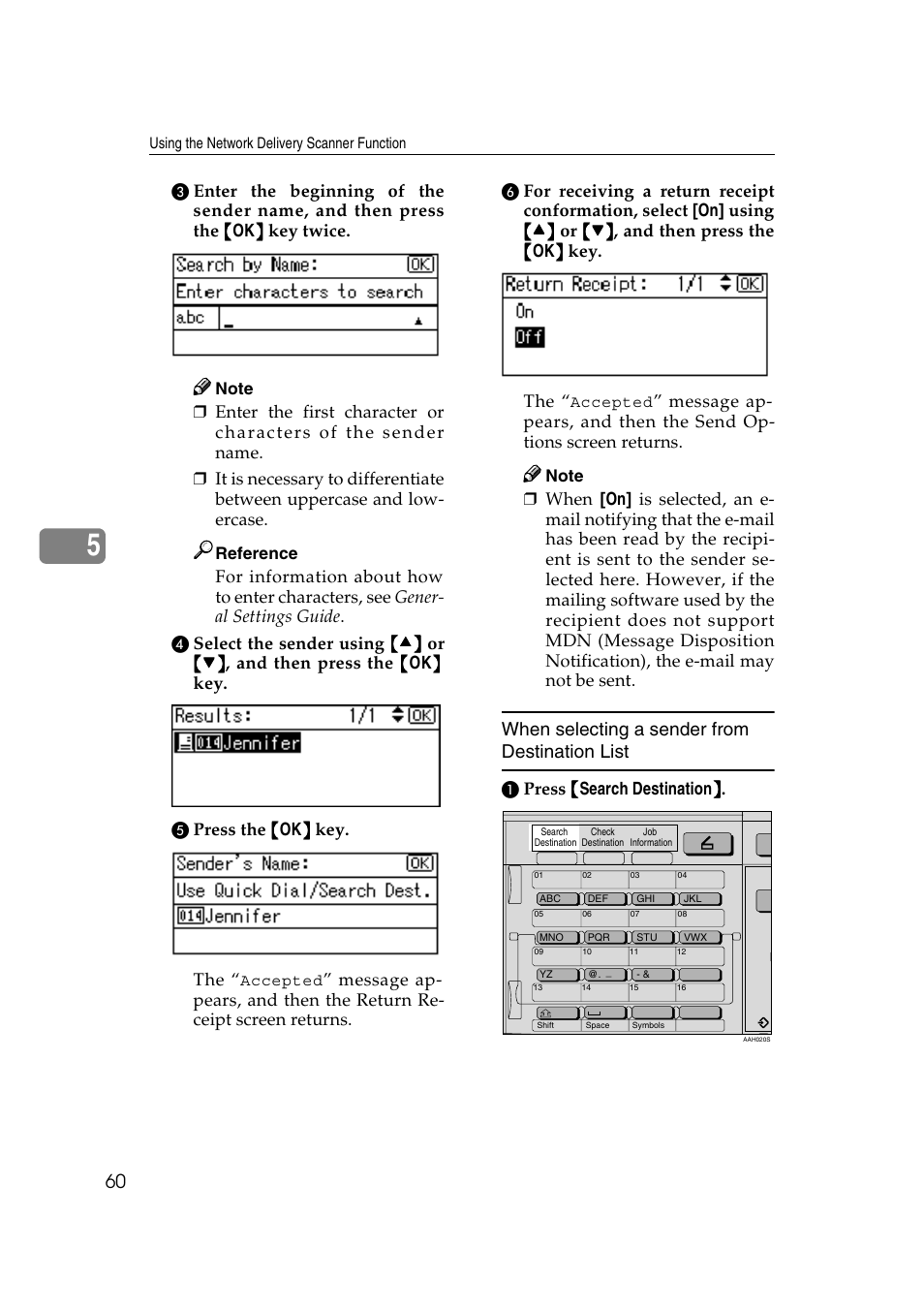 When selecting a sender from destination list, A press {{{{ search destination, Reference | Ricoh Aficio 2018D User Manual | Page 276 / 814