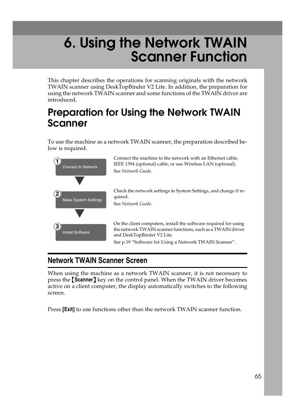  using the network twain scanner function, Preparation for using the network twain scanner, Network twain scanner screen | Using the network twain scanner function | Ricoh Aficio 2018D User Manual | Page 281 / 814