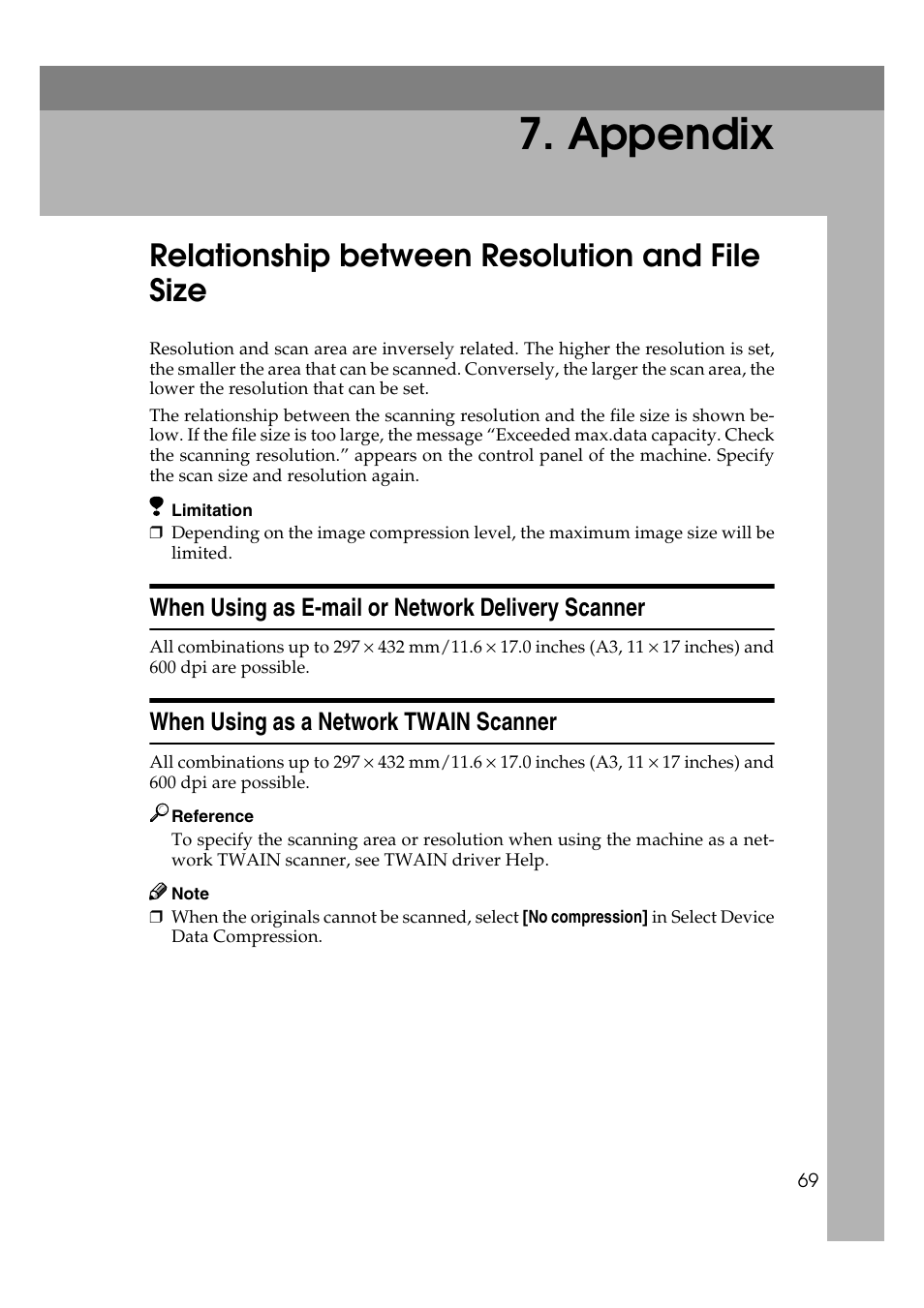 Relationship between resolution and file size, When using as e-mail or network delivery scanner, When using as a network twain scanner | Appendix | Ricoh Aficio 2018D User Manual | Page 285 / 814