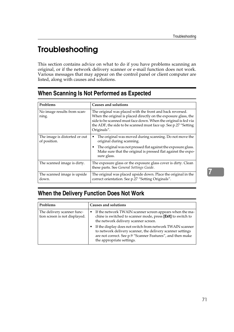 Troubleshooting, When scanning is not performed as expected, When the delivery function does not work | 7troubleshooting | Ricoh Aficio 2018D User Manual | Page 287 / 814