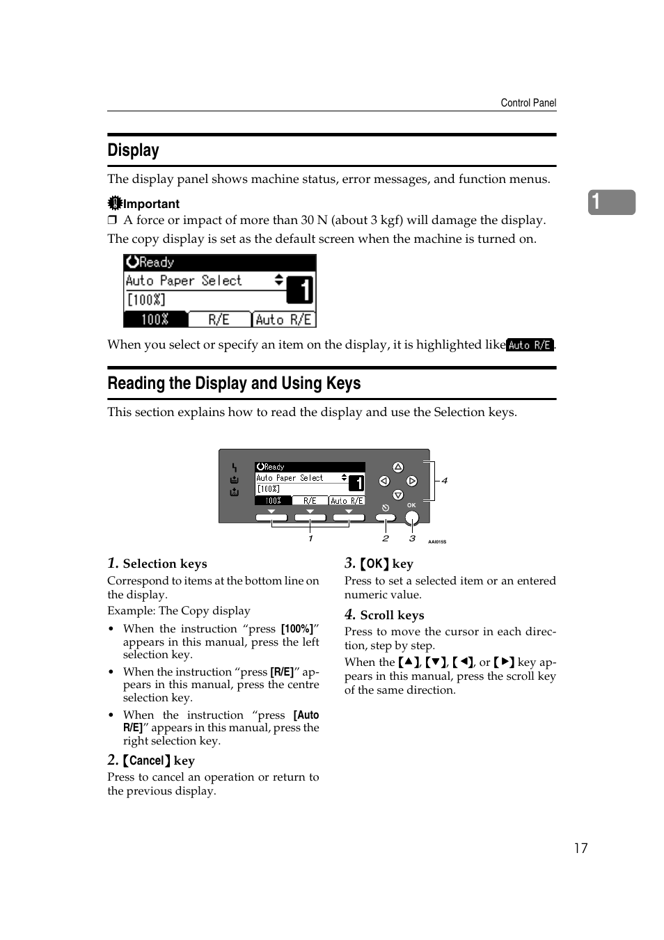 Display, Reading the display and using keys, Making paper settings from an application | Display reading the display and using keys | Ricoh Aficio 2018D User Manual | Page 29 / 814