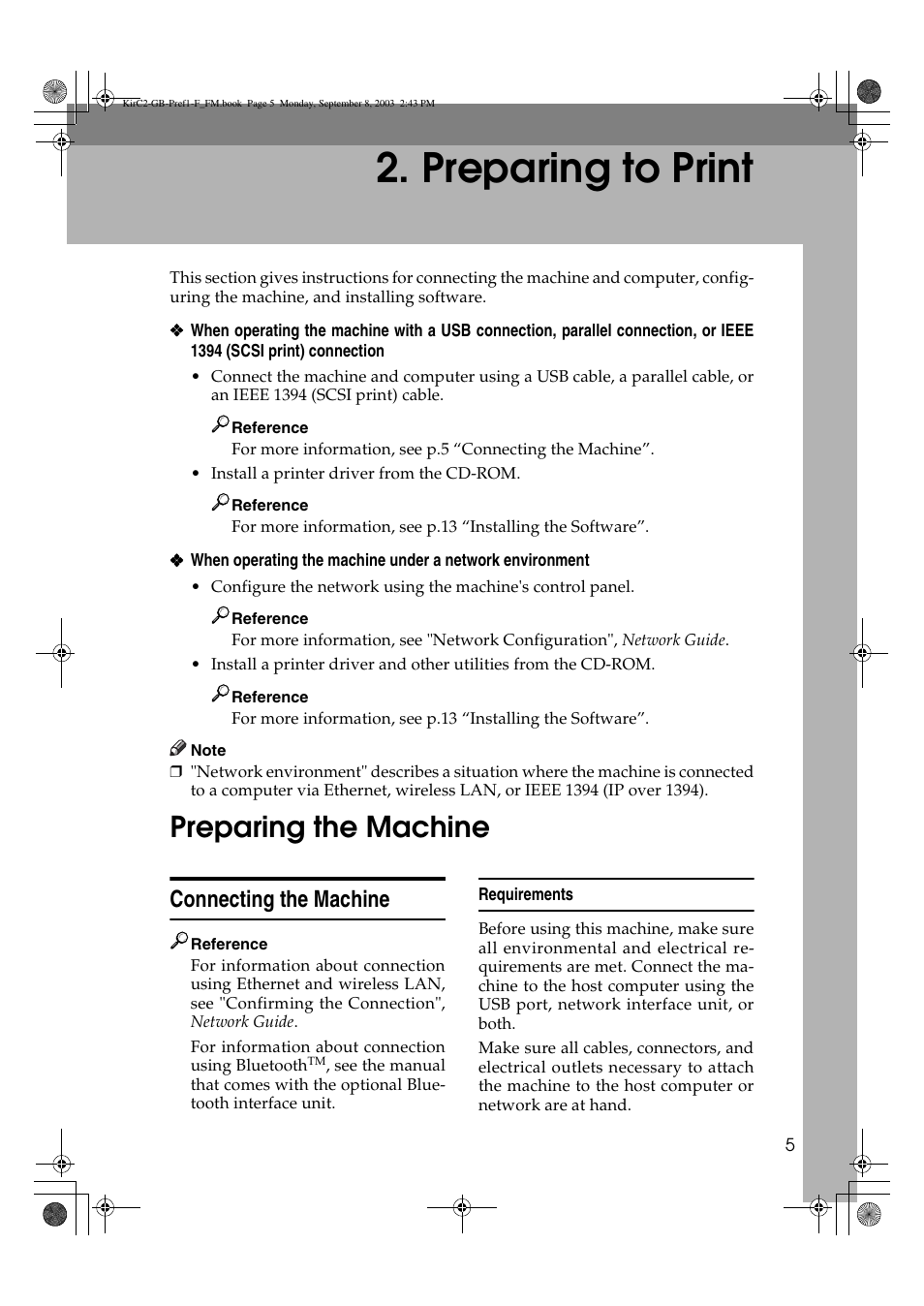 Preparing to print, Preparing the machine, Connecting the machine | Ricoh Aficio 2018D User Manual | Page 309 / 814