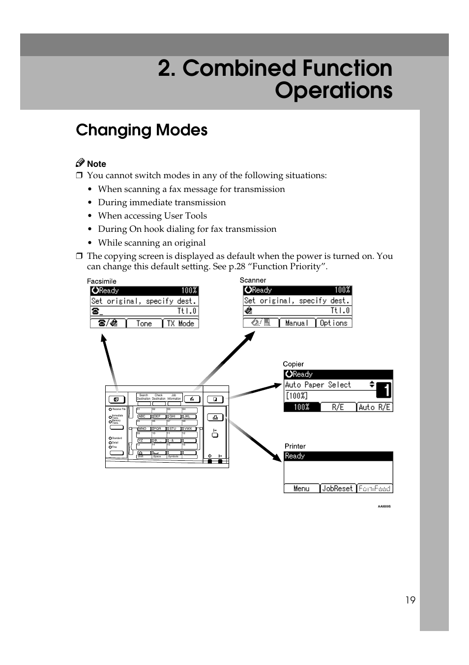  combined function operations, Changing modes, Error & status messages on the display | Combined function operations | Ricoh Aficio 2018D User Manual | Page 31 / 814