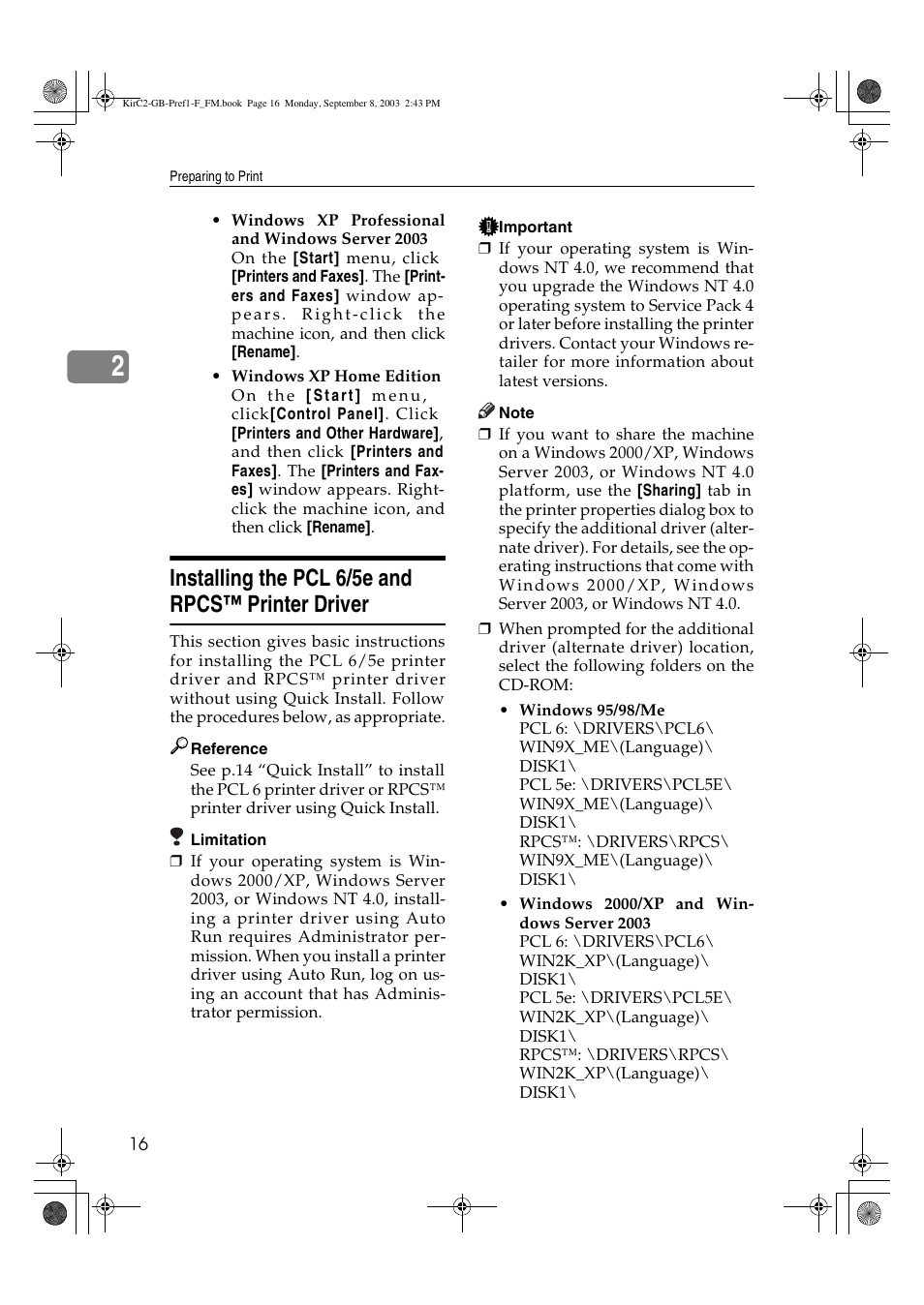 Installing the pcl 6/5e and rpcs™ printer driver | Ricoh Aficio 2018D User Manual | Page 320 / 814