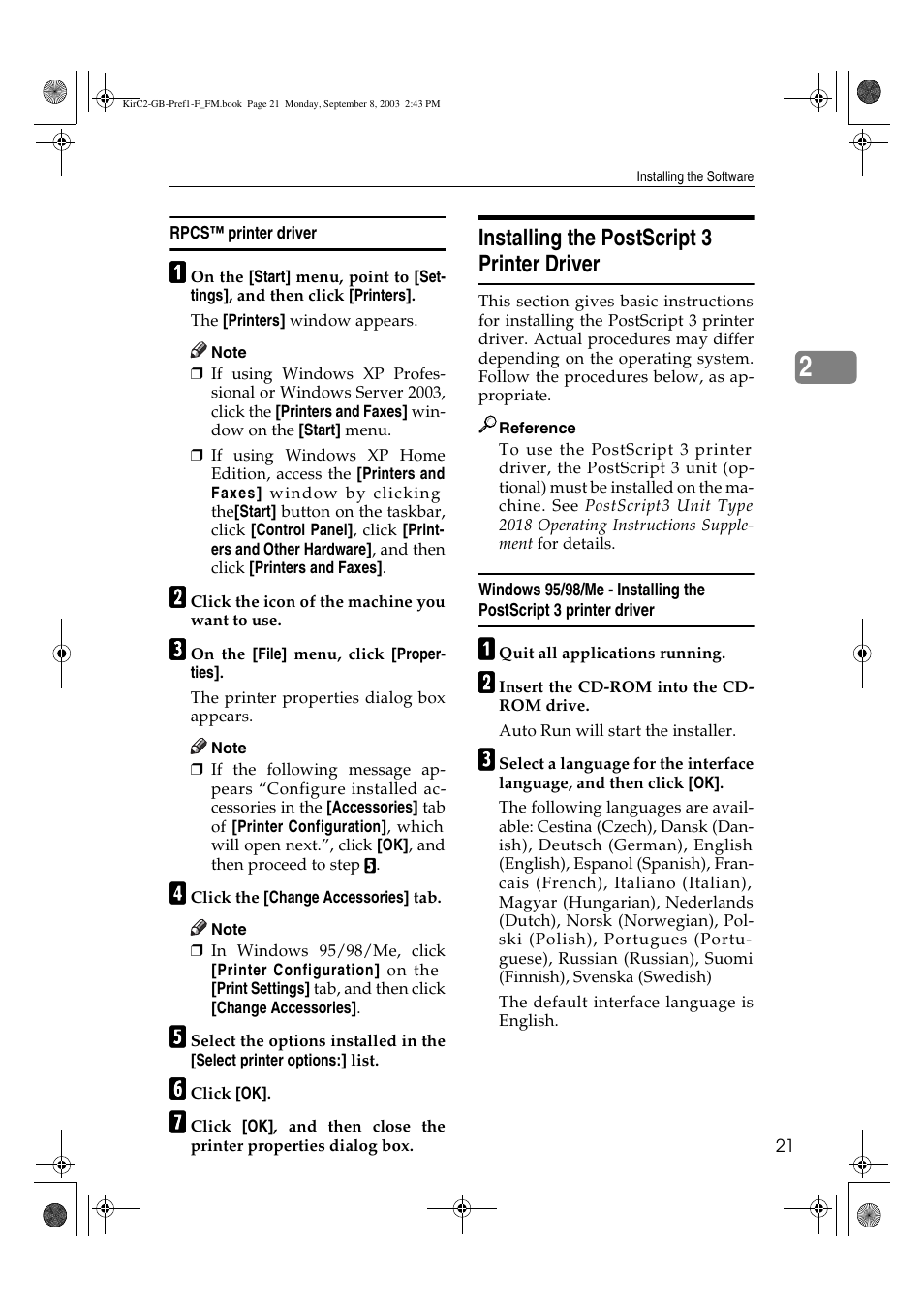 Installing the postscript 3 printer driver | Ricoh Aficio 2018D User Manual | Page 325 / 814