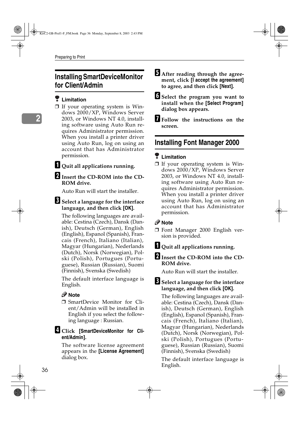 Installing smartdevicemonitor for client/admin, Installing font manager 2000 | Ricoh Aficio 2018D User Manual | Page 340 / 814