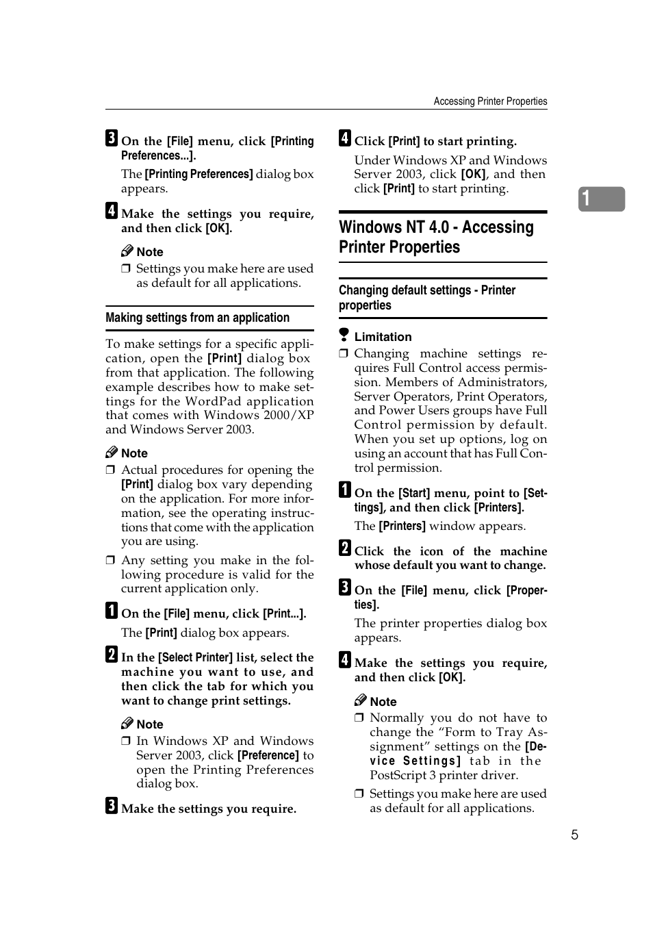 Making settings from an application, Windows nt 4.0 - accessing printer properties, Changing default settings - printer properties | Ricoh Aficio 2018D User Manual | Page 361 / 814