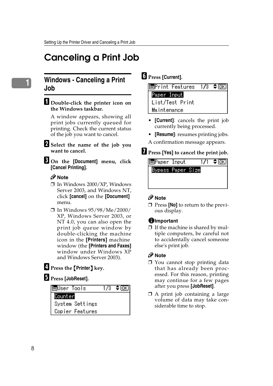 Canceling a print job, Windows - canceling a print job, 1canceling a print job | Ricoh Aficio 2018D User Manual | Page 364 / 814