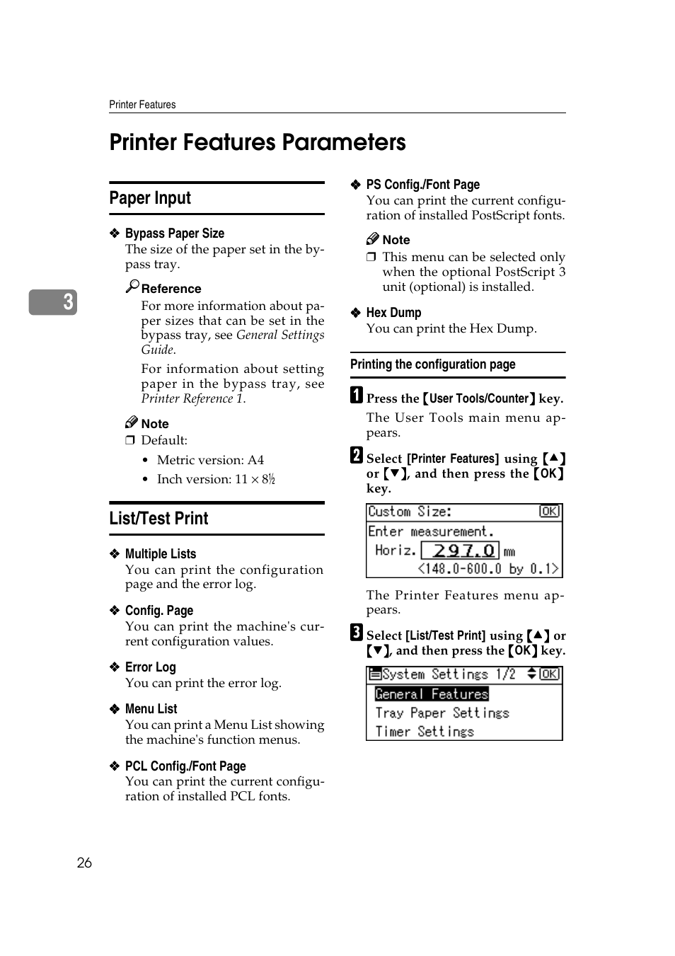 Printer features parameters, Paper input, List/test print | Ee p.26 “paper input, Ee p.26 “list/test print, 3printer features parameters | Ricoh Aficio 2018D User Manual | Page 382 / 814