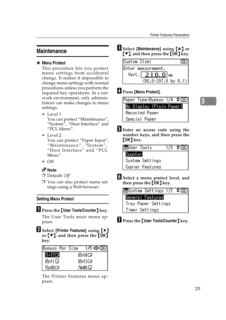 Maintenance, Setting menu protect, Ee p.29 “maintenance | Ricoh Aficio 2018D User Manual | Page 385 / 814