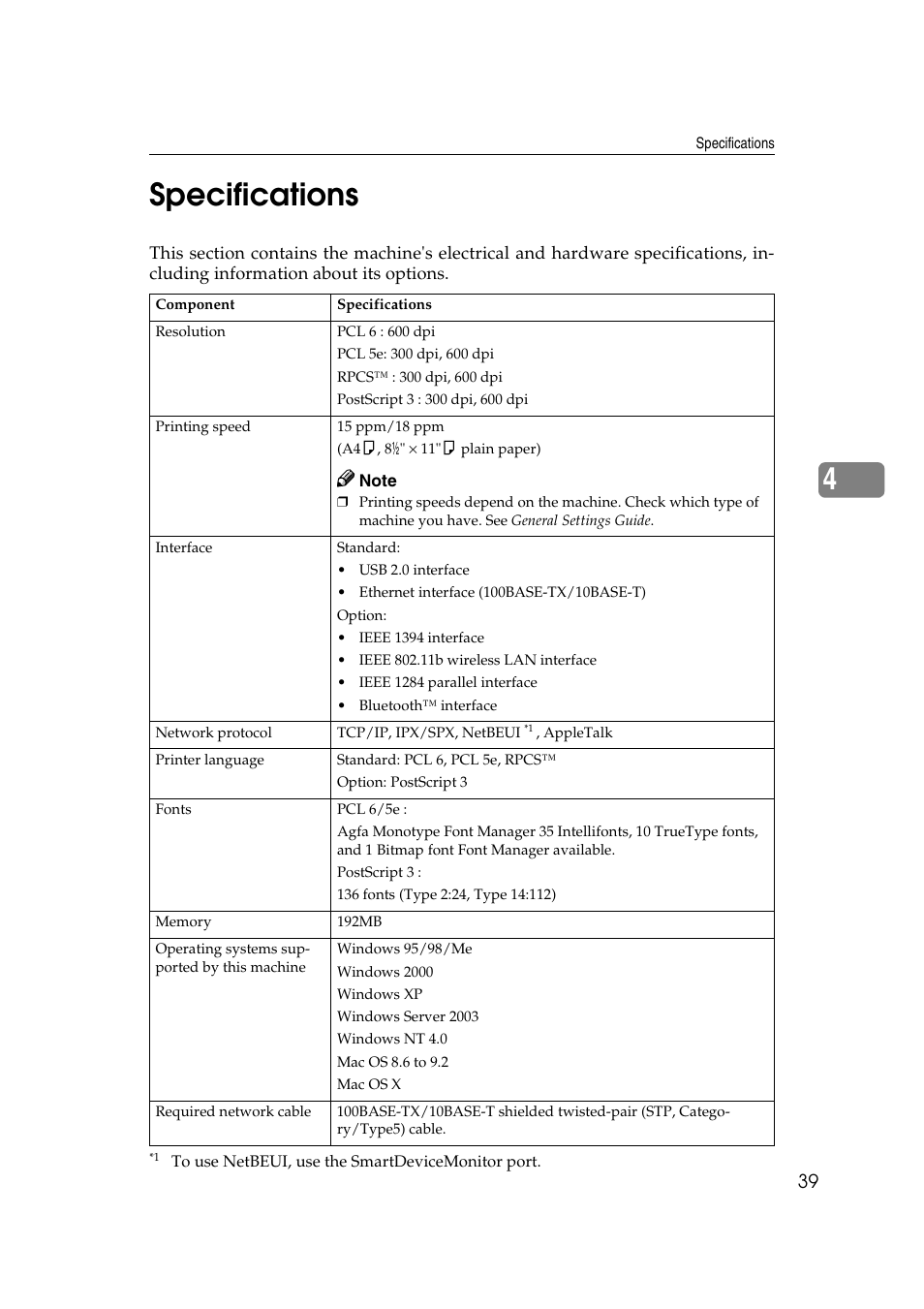 Specifications, 4specifications | Ricoh Aficio 2018D User Manual | Page 395 / 814