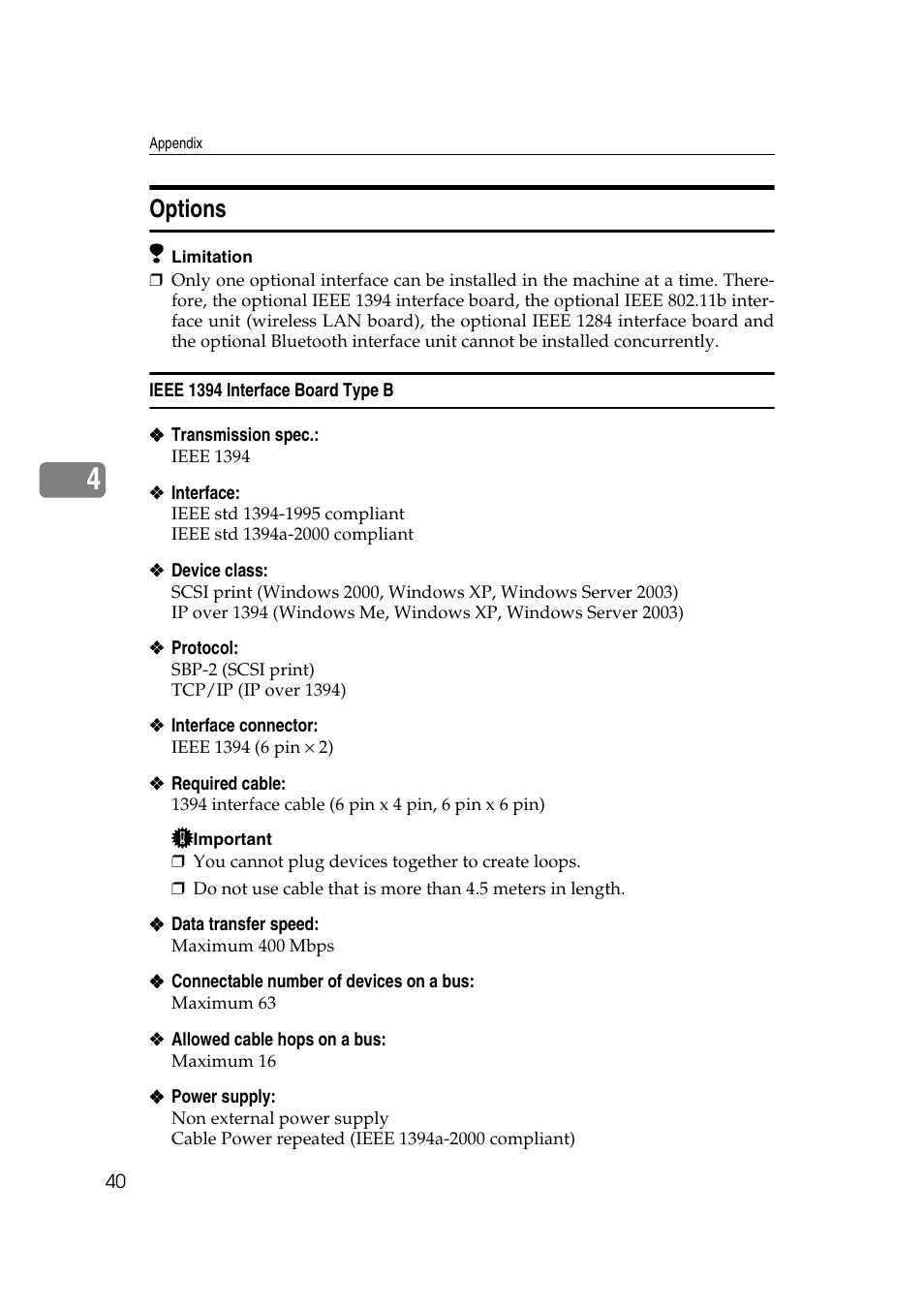 Options, Ieee 1394 interface board type b | Ricoh Aficio 2018D User Manual | Page 396 / 814