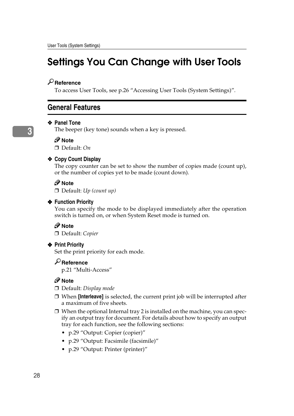 Settings you can change with user tools, General features, E p.28 “print priority” for s | See p.28 “print priority, 3settings you can change with user tools | Ricoh Aficio 2018D User Manual | Page 40 / 814