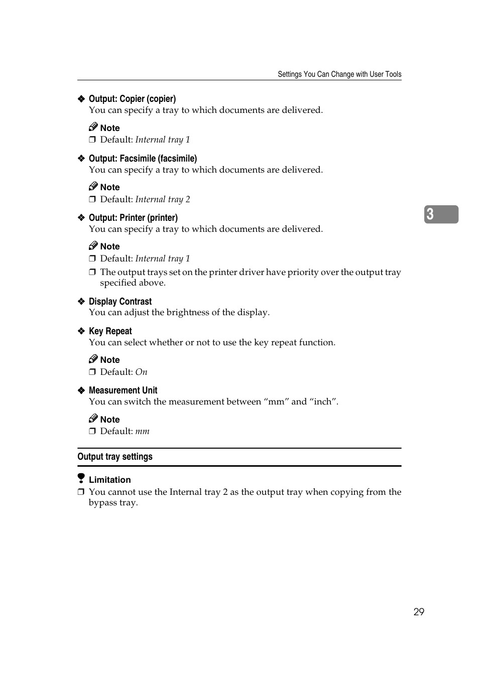 Output tray settings, P.29 “output: copier (copier), P.29 “output: facsimile (facsimile) | P.29 “output: printer (printer) | Ricoh Aficio 2018D User Manual | Page 41 / 814