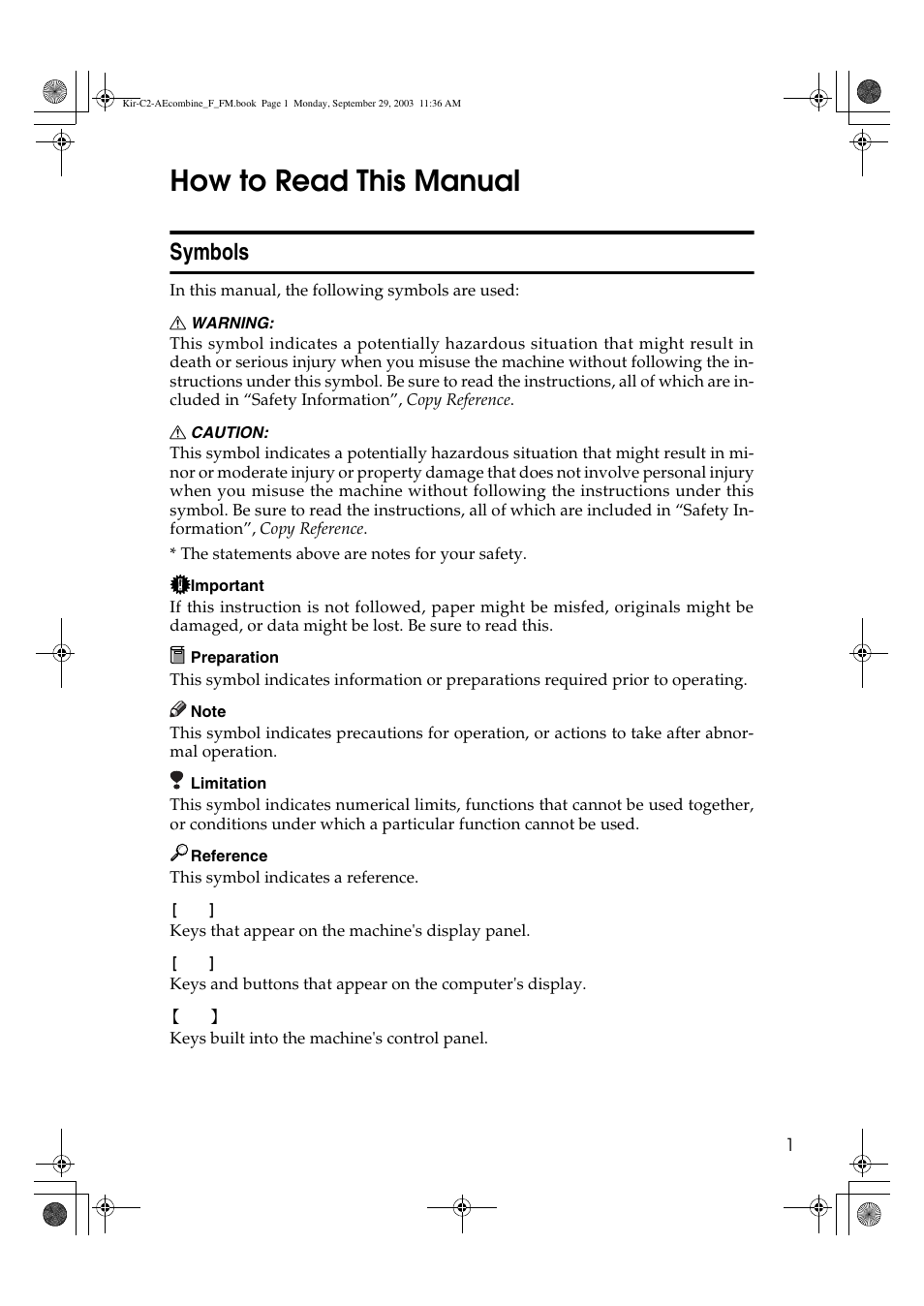 How to read this manual, Symbols | Ricoh Aficio 2018D User Manual | Page 411 / 814