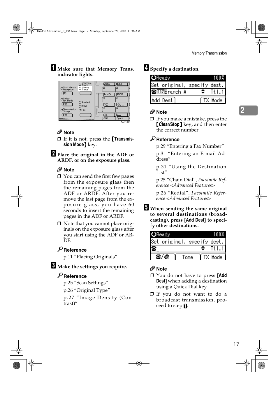 P.11 “placing originals, Make the settings you require, Specify a destination | Ricoh Aficio 2018D User Manual | Page 427 / 814