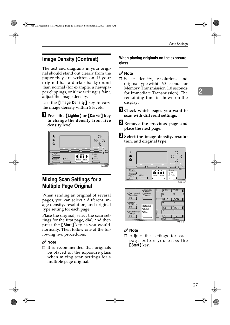 Image density (contrast), Mixing scan settings for a multiple page original, Remove the previous page and place the next page | Ricoh Aficio 2018D User Manual | Page 437 / 814