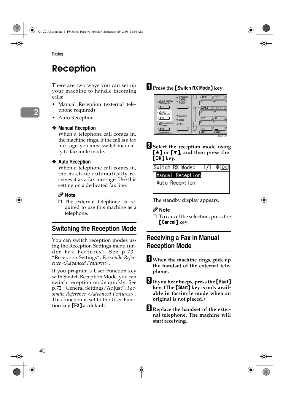 Reception, 2reception, Switching the reception mode | Receiving a fax in manual reception mode | Ricoh Aficio 2018D User Manual | Page 450 / 814