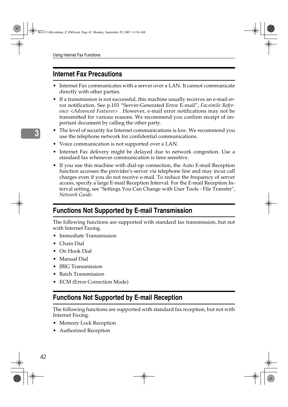 Internet fax precautions, Functions not supported by e-mail transmission, Functions not supported by e-mail reception | Ricoh Aficio 2018D User Manual | Page 452 / 814