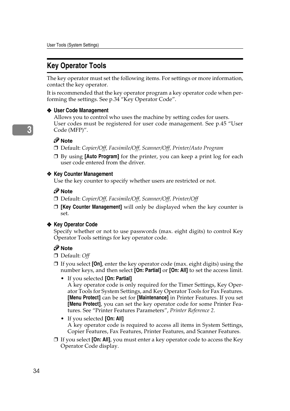 Key operator tools, See p.34 “key operator, Code | Ricoh Aficio 2018D User Manual | Page 46 / 814