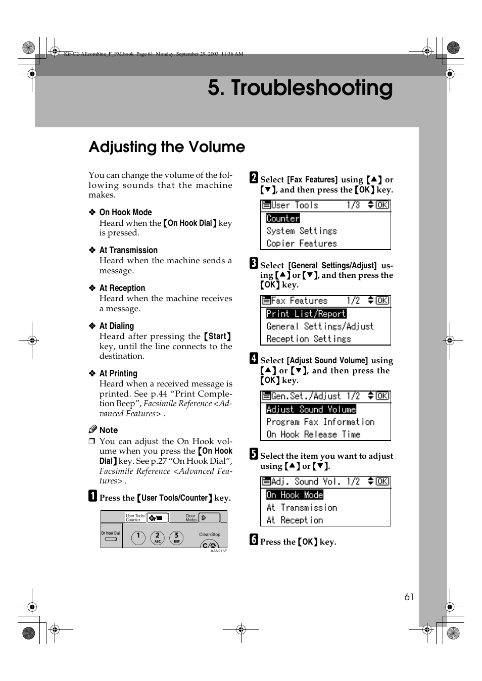 Troubleshooting, Adjusting the volume | Ricoh Aficio 2018D User Manual | Page 471 / 814