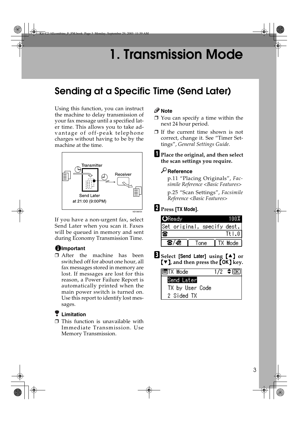 Transmission mode, Sending at a specific time (send later) | Ricoh Aficio 2018D User Manual | Page 497 / 814