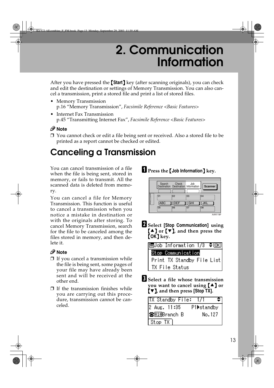 Communication information, Canceling a transmission | Ricoh Aficio 2018D User Manual | Page 507 / 814