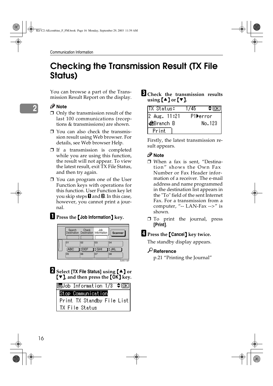 Checking the transmission result (tx file status), 2checking the transmission result (tx file status) | Ricoh Aficio 2018D User Manual | Page 510 / 814