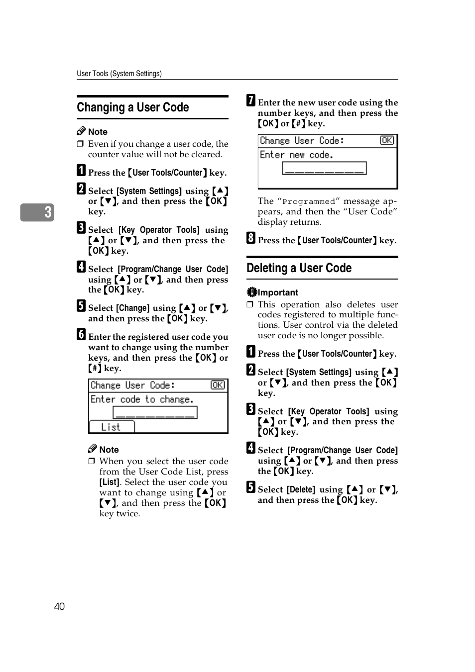 Changing a user code, Deleting a user code, Changing a user code deleting a user code | Ricoh Aficio 2018D User Manual | Page 52 / 814