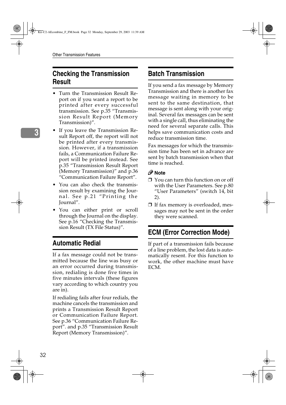 Checking the transmission result, Automatic redial, Batch transmission | Ecm (error correction mode) | Ricoh Aficio 2018D User Manual | Page 526 / 814