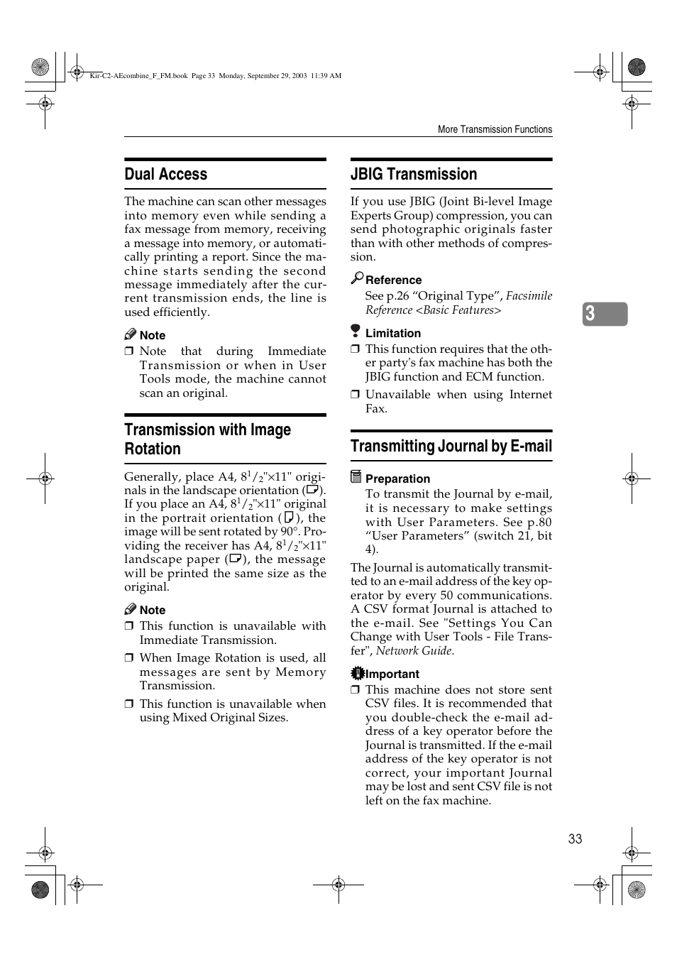 Dual access, Transmission with image rotation, Jbig transmission | Transmitting journal by e-mail | Ricoh Aficio 2018D User Manual | Page 527 / 814