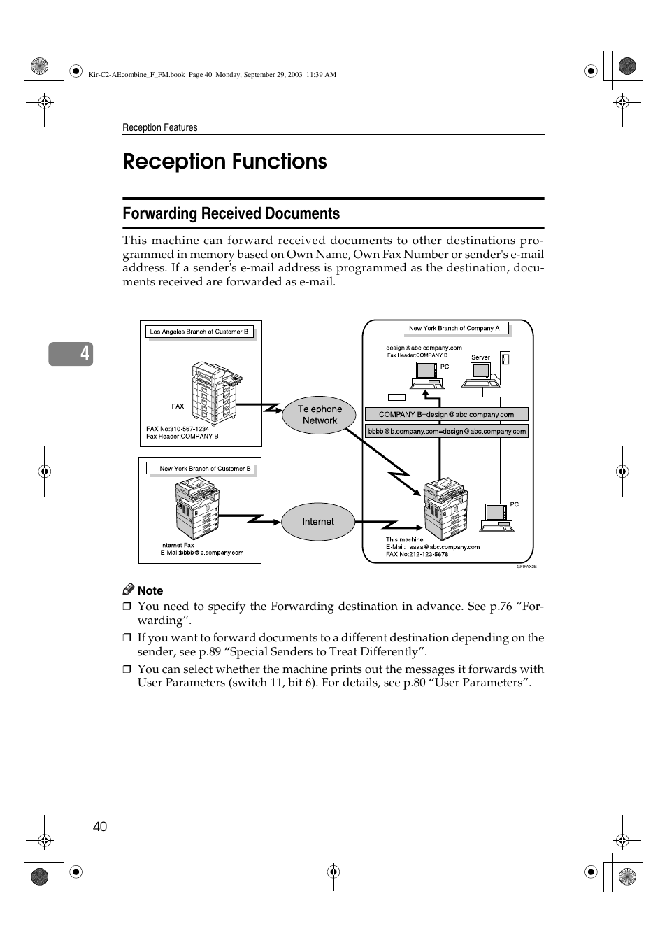 Reception functions, 4reception functions, Forwarding received documents | Ricoh Aficio 2018D User Manual | Page 534 / 814