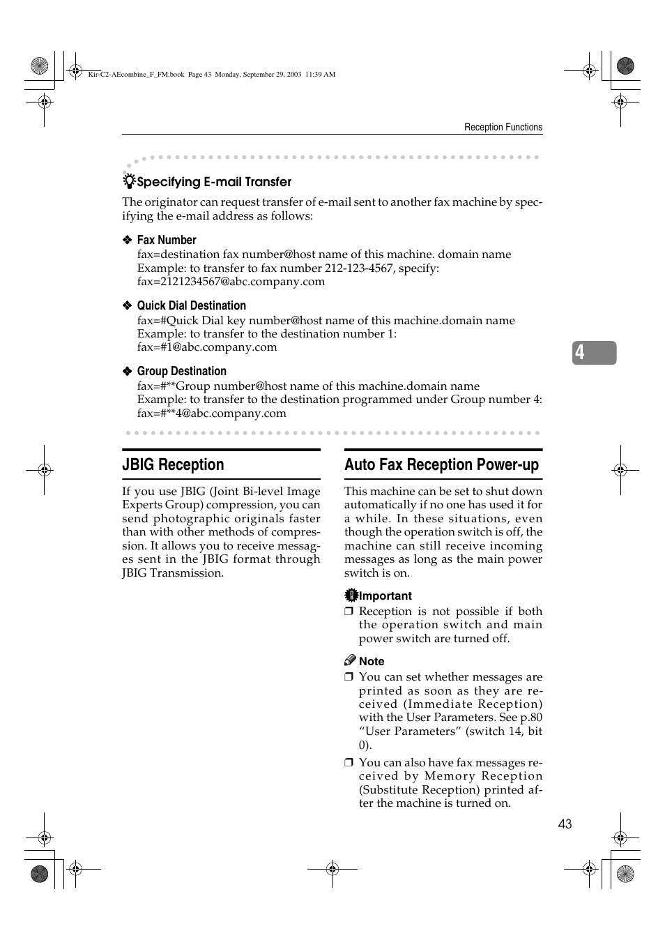 Jbig reception, Auto fax reception power-up | Ricoh Aficio 2018D User Manual | Page 537 / 814