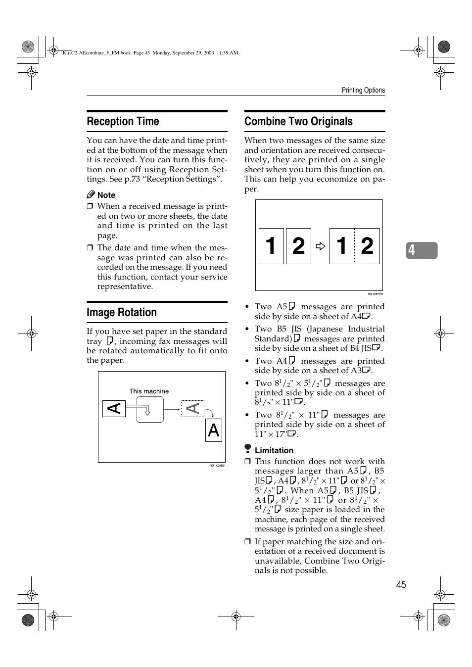 Reception time, Image rotation, Combine two originals | Ricoh Aficio 2018D User Manual | Page 539 / 814