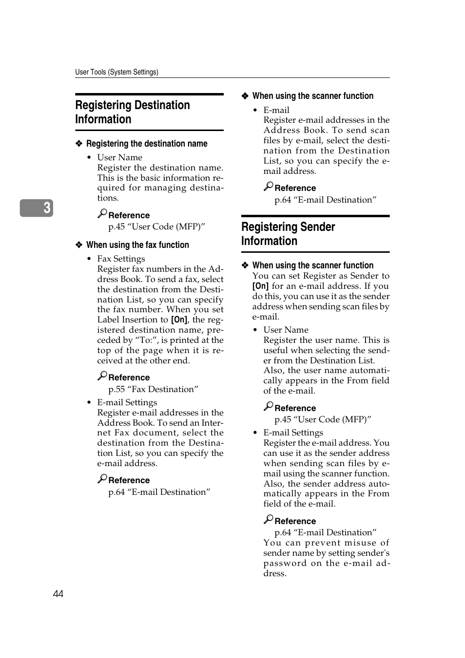 Registering destination information, Registering sender information, P.44 “when using the fax function | Ricoh Aficio 2018D User Manual | Page 56 / 814