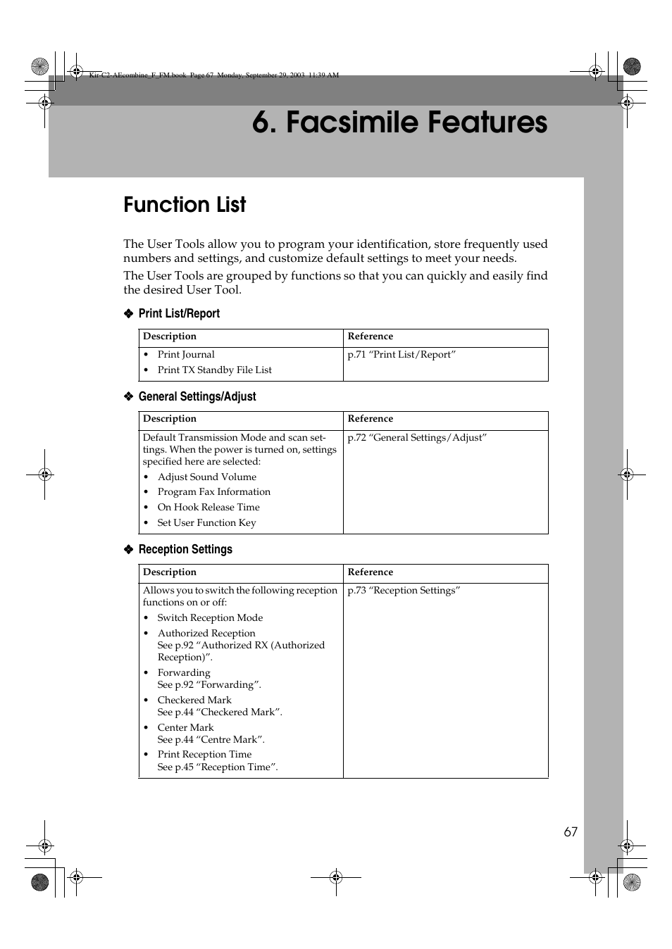 Facsimile features, Function list | Ricoh Aficio 2018D User Manual | Page 561 / 814