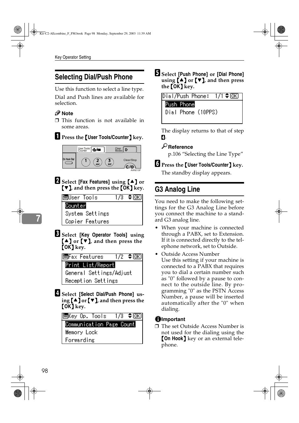 Selecting dial/push phone, G3 analog line | Ricoh Aficio 2018D User Manual | Page 592 / 814