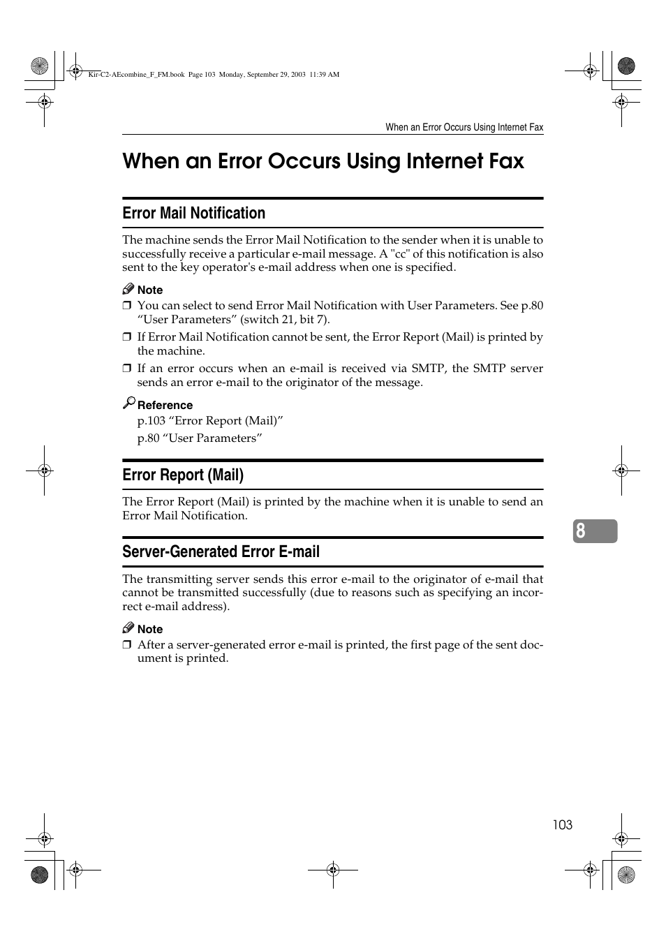 When an error occurs using internet fax, 8when an error occurs using internet fax, Error mail notification | Error report (mail), Server-generated error e-mail | Ricoh Aficio 2018D User Manual | Page 597 / 814