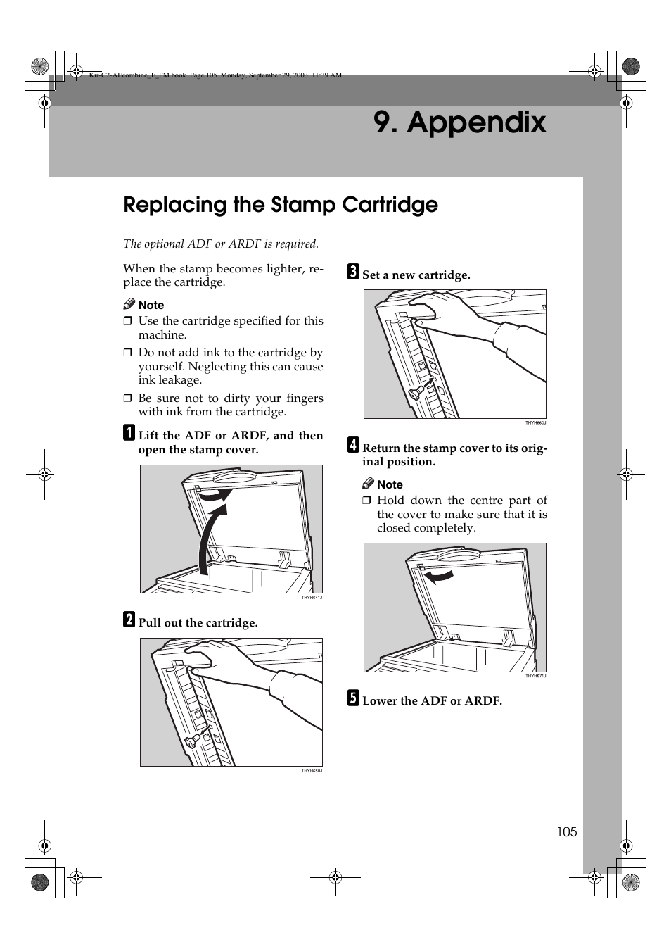 Appendix, Replacing the stamp cartridge | Ricoh Aficio 2018D User Manual | Page 599 / 814